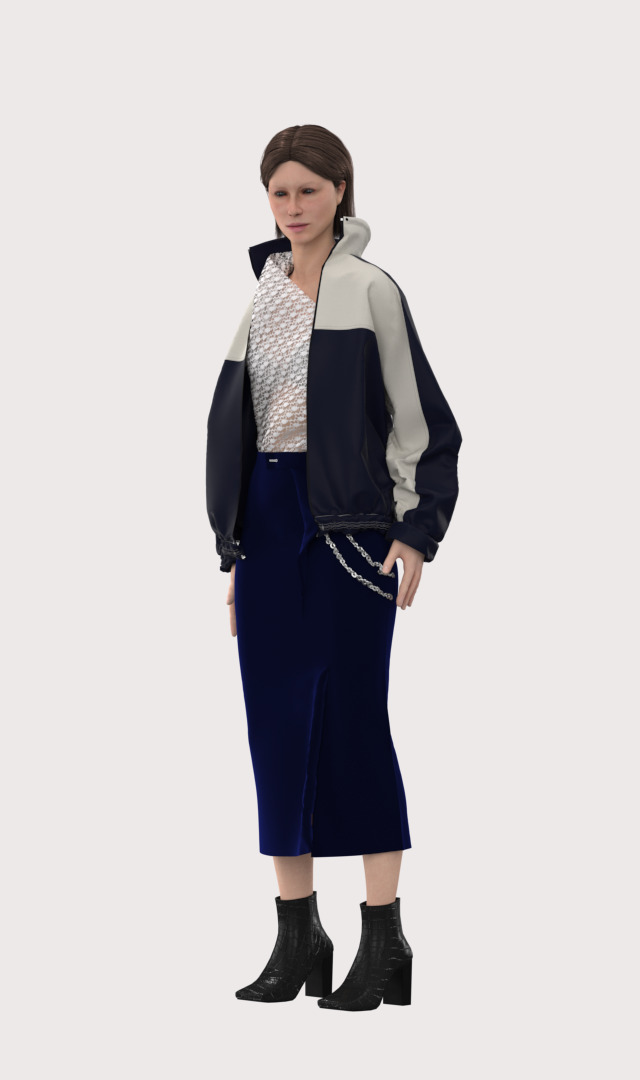 WINDBREAKER AND VELVET DRAPED SKIRT